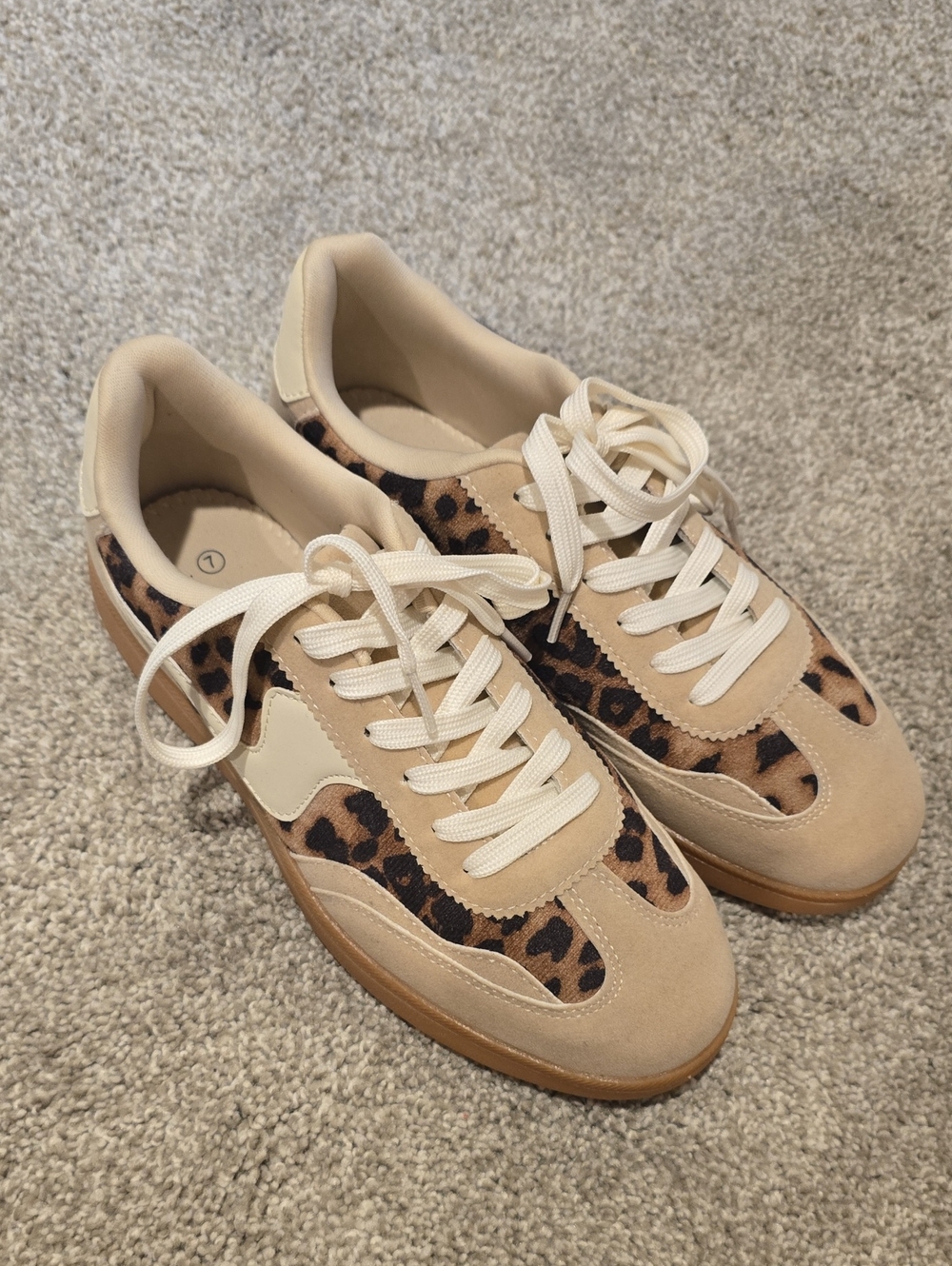Women's Beige Leopard-Accent Lace-Up Sneakers